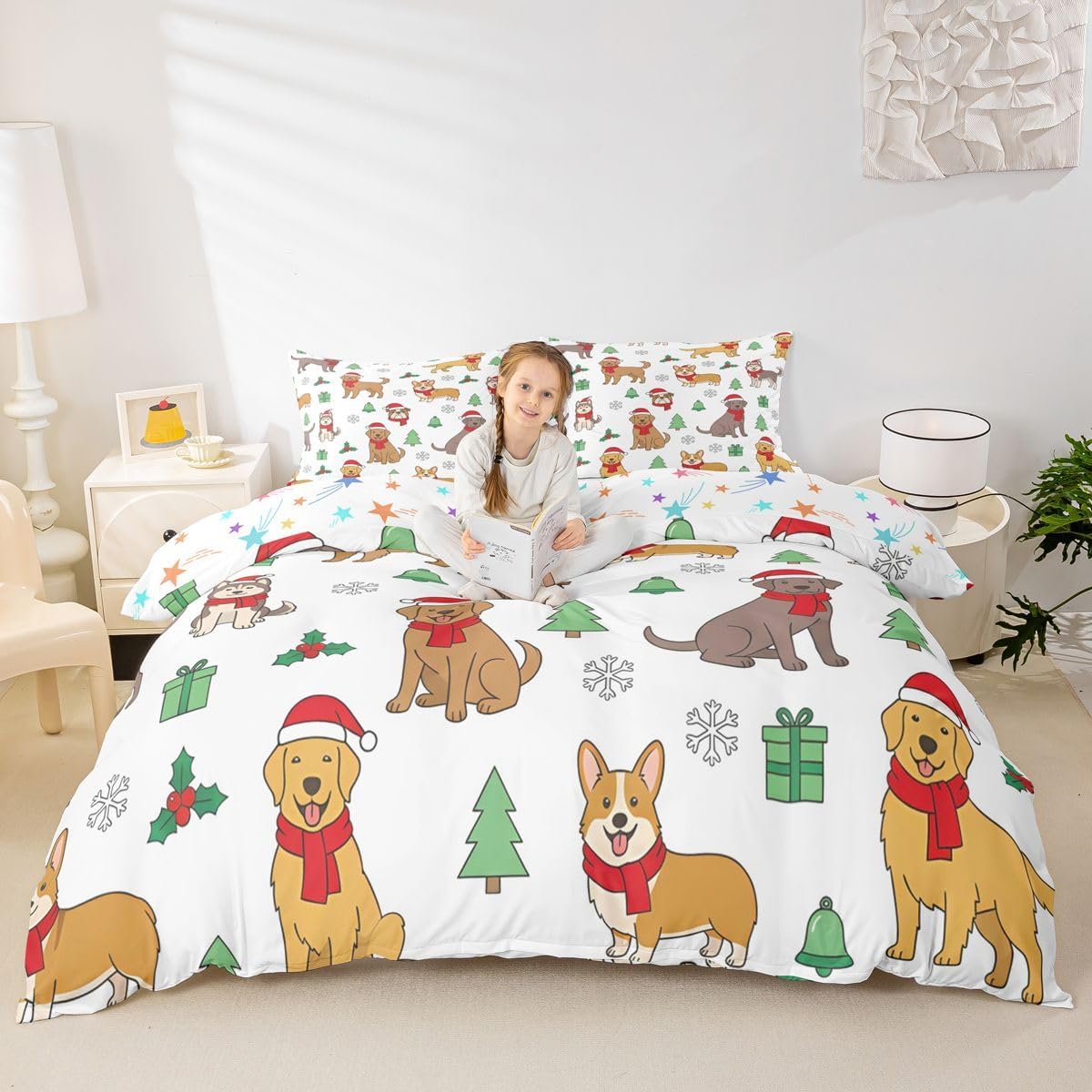Feelyou Christmas Duvet Cover Full Size Merry Christmas Print Comforter Cover Dog Pattern Bedding Set Puppy Dog Bedspread Cover for Kids Boys Girls 3Pcs