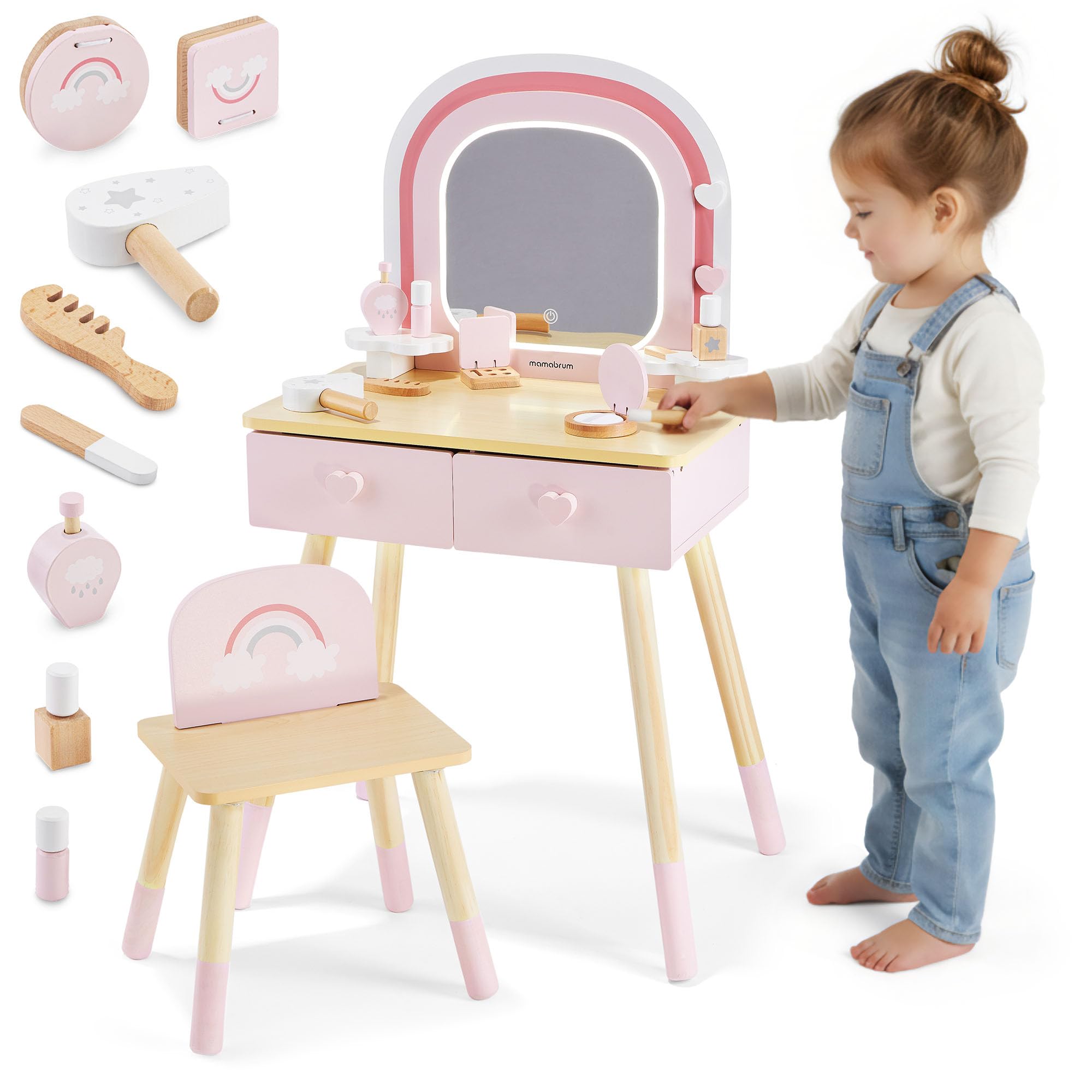 mamabrum Toeletta In Legno Per Bambini Con Specchio LED, Luce Regolabile, Sgabello E Accessori – Arredo Educativo E Creativo Ideale Per La Cameretta E Il Gioco Di Ruolo