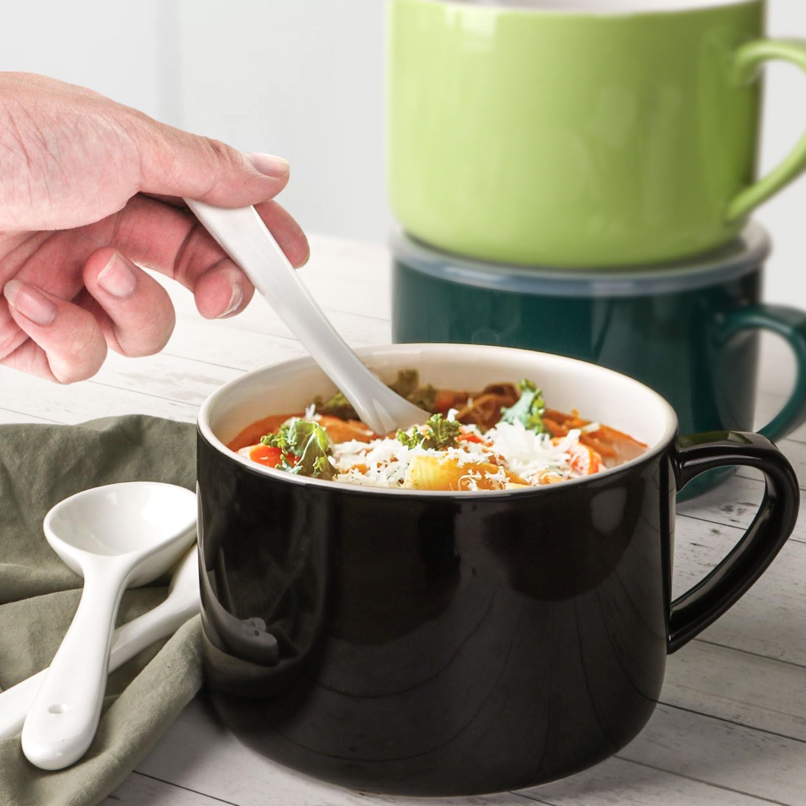 Wareland Soup Bowls with Handles & Spoons, 30oz Ceramic Ramen Bowl