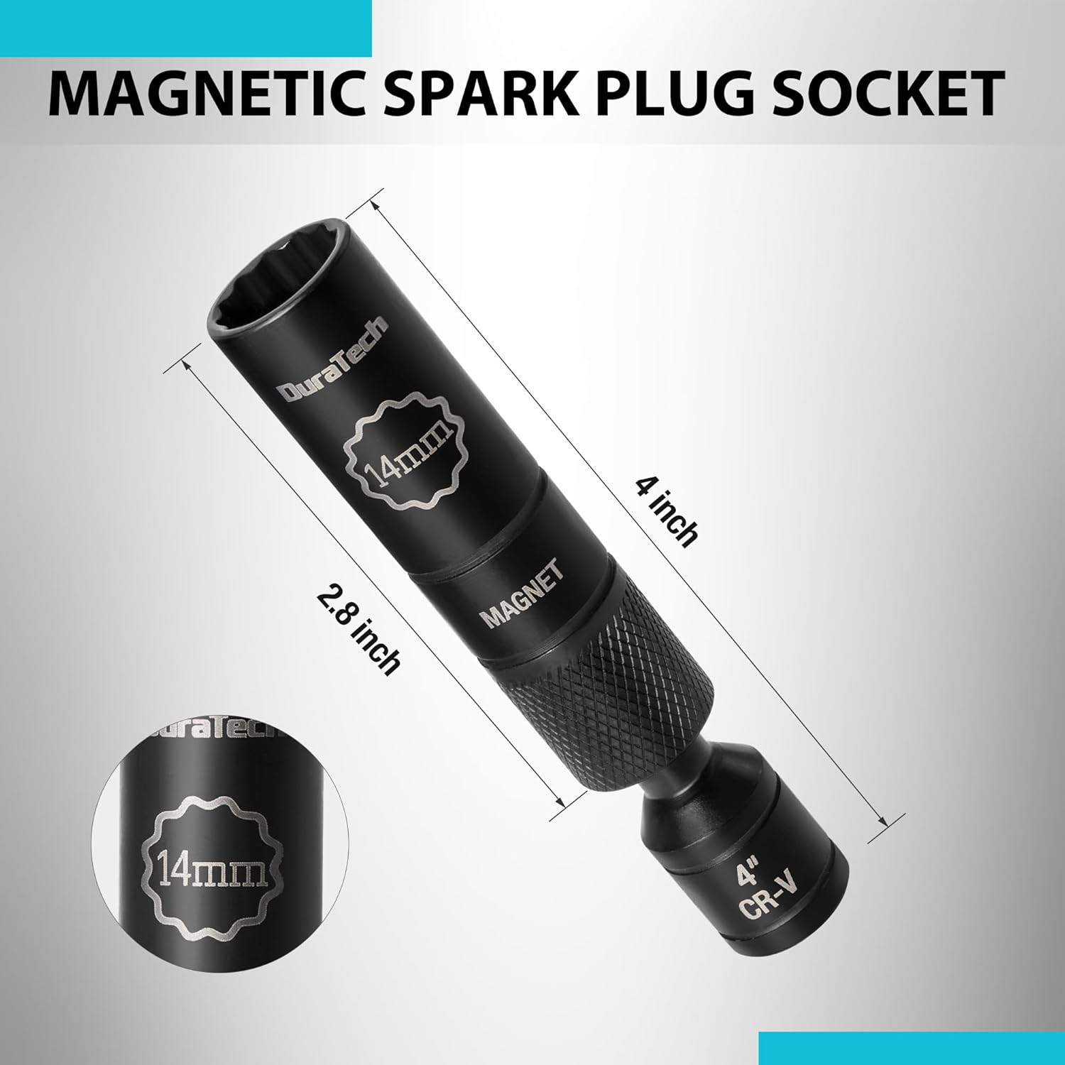 DURATECH 14mm Swivel Magnetic Spark Plug Socket, 1MM Thin Wall Spark Plugs Socket with 12-Point, Enhanced Magnetic Head & Manganese Phosphate Coating, 3/8" Drive x 4" Total Length, Cr-V Steel Made 9/16" x 3/8" x 4"