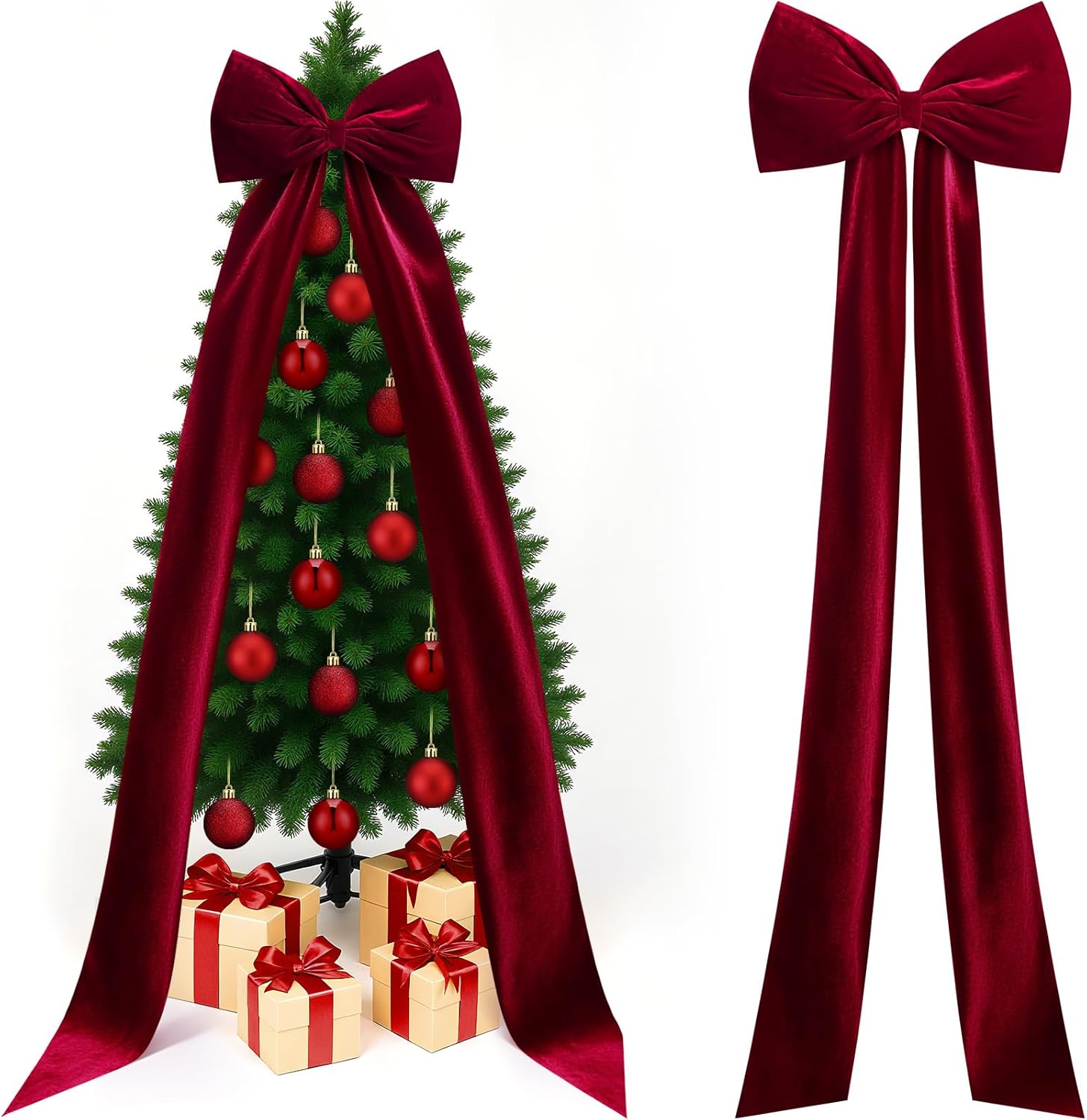 Extra Large Velvet Christmas Tree Topper Bow 118 x 28 Inch Giant Bow with Long Streamers Oversized Wrapping Gifts for Holiday Xmas Tree Wedding Home Party Decorations(Red)