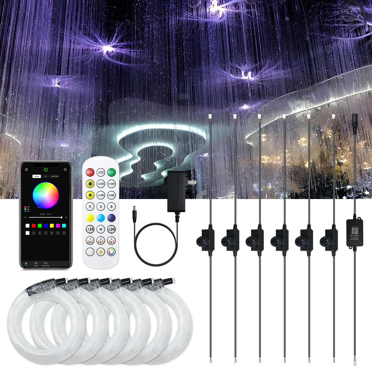 AKEPO 6-in-1 Fiber Optic Decoration Light, Music Sync+Remote Control RGB Colorful Dynamic Effect+1200pcs*?0.03in(0.75mm)*8.2ft/2.5m PMMA END Glow Optical Fiber Cables for Home Ceiling Hanging Light
