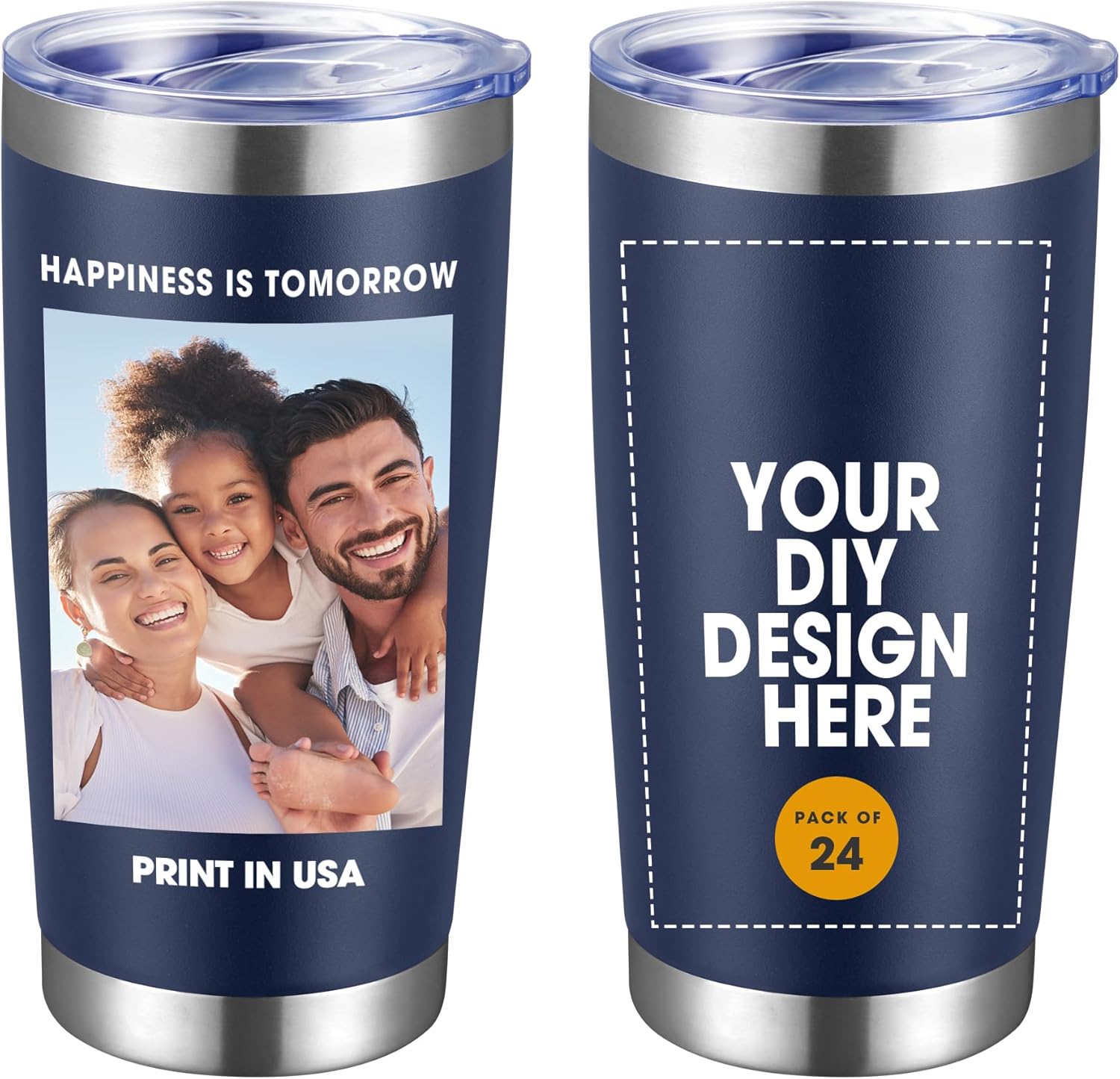 Personalized Custom Tumbler Print in USA 24 Pcs 20oz Stainless Steel Coffee Cup with Lid & Straw Double Wall Insulated Tumbler with Colorful Text Logo Photo