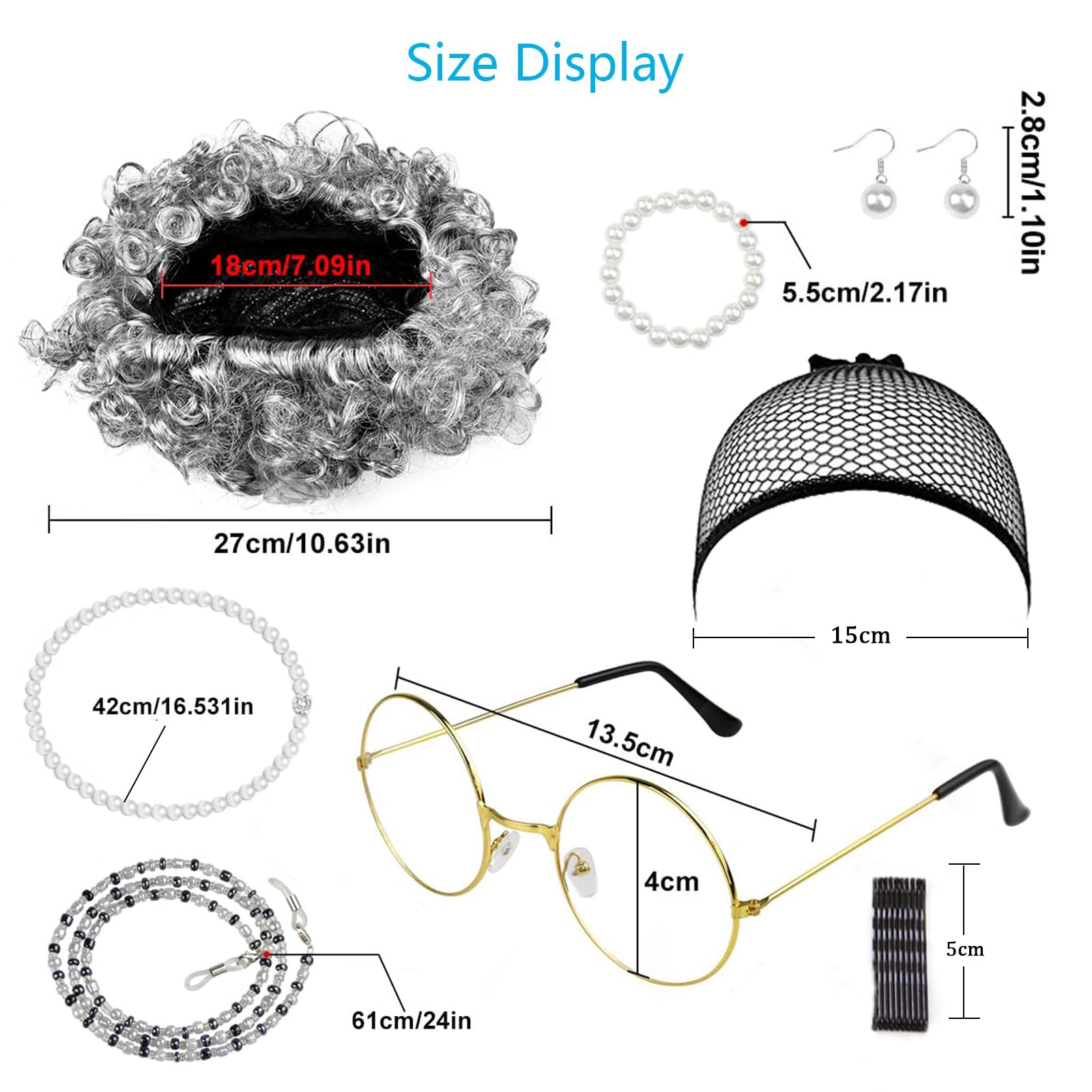 Set Travestimento Nonnina - Parrucca Argentata, Occhiali, Collana E Orecchini Di Perle - Per Feste E Cosplay - Foto 14