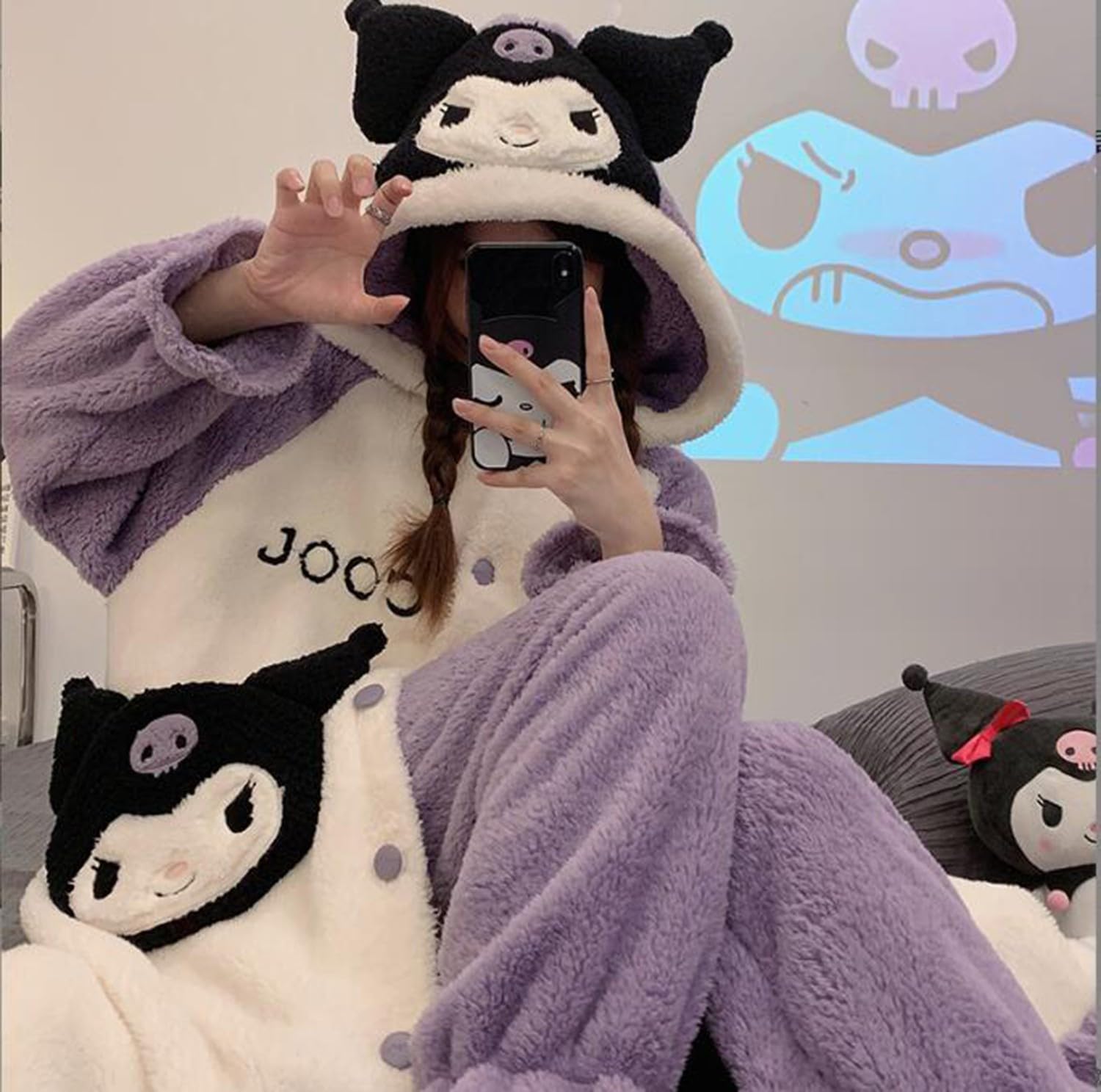 My Melody Pyjama Femme Hiver en Flanelle Peignoir de Bain avec Capuche Polaire Chaude Robe de Chambre et Pantalon Long 2 Pièces Ensemble de Pyjam Vêtements de Nuit