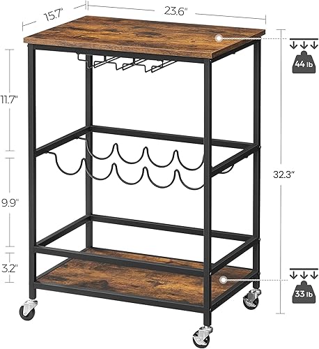 Miniatura 4 de VASAGLE Carrito de bar, carrito de servir con ruedas, estante de copas de vidrio y soportes para botellas de vino, 15.7 x 23.6 x 32.3 pulgadas,