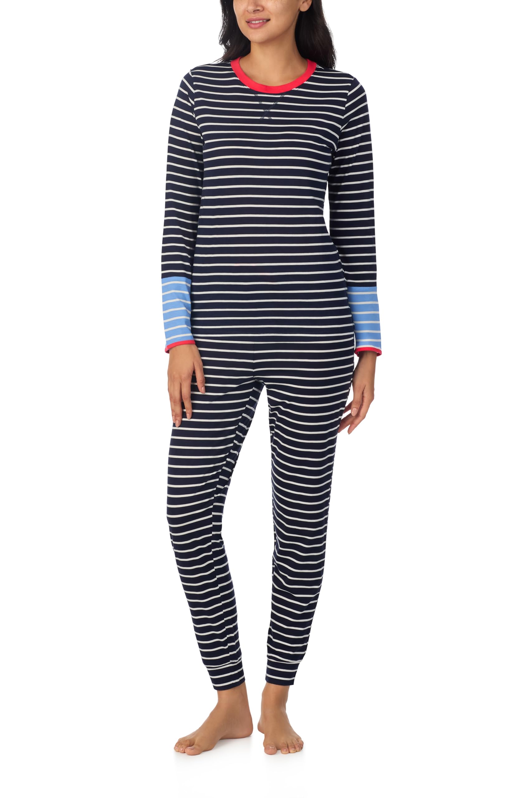 Nautica Striped Lightweight Cotton Pajama PJ Set for Women, Womens Long Sleeve PJs Pajamas Crewneck Shirt & Jogger Pants Sets