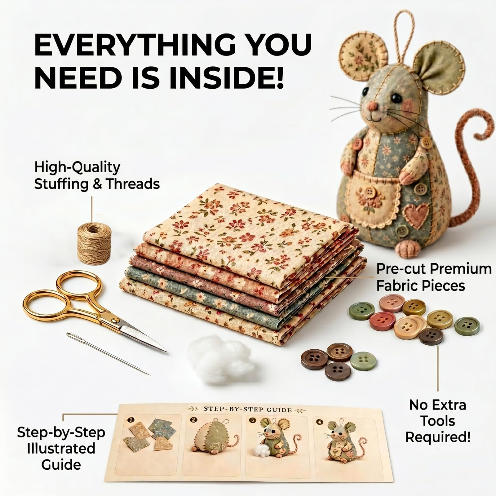 Kit fai te patchwork con topo, set cucito fatto mano imbottitura tessuto floreale bottoni, kit cucito disegni patchwork animali completi divertenti for principianti regalo compleanno(Set 1+2+3)