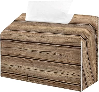 Tissue Box Cover Compatible with Kleenex Disposable Hand Towels, Waterproof PU Leather Hand Towel Box Cover for Tabletop Bathroom Car and Office Brown Wood Grain
