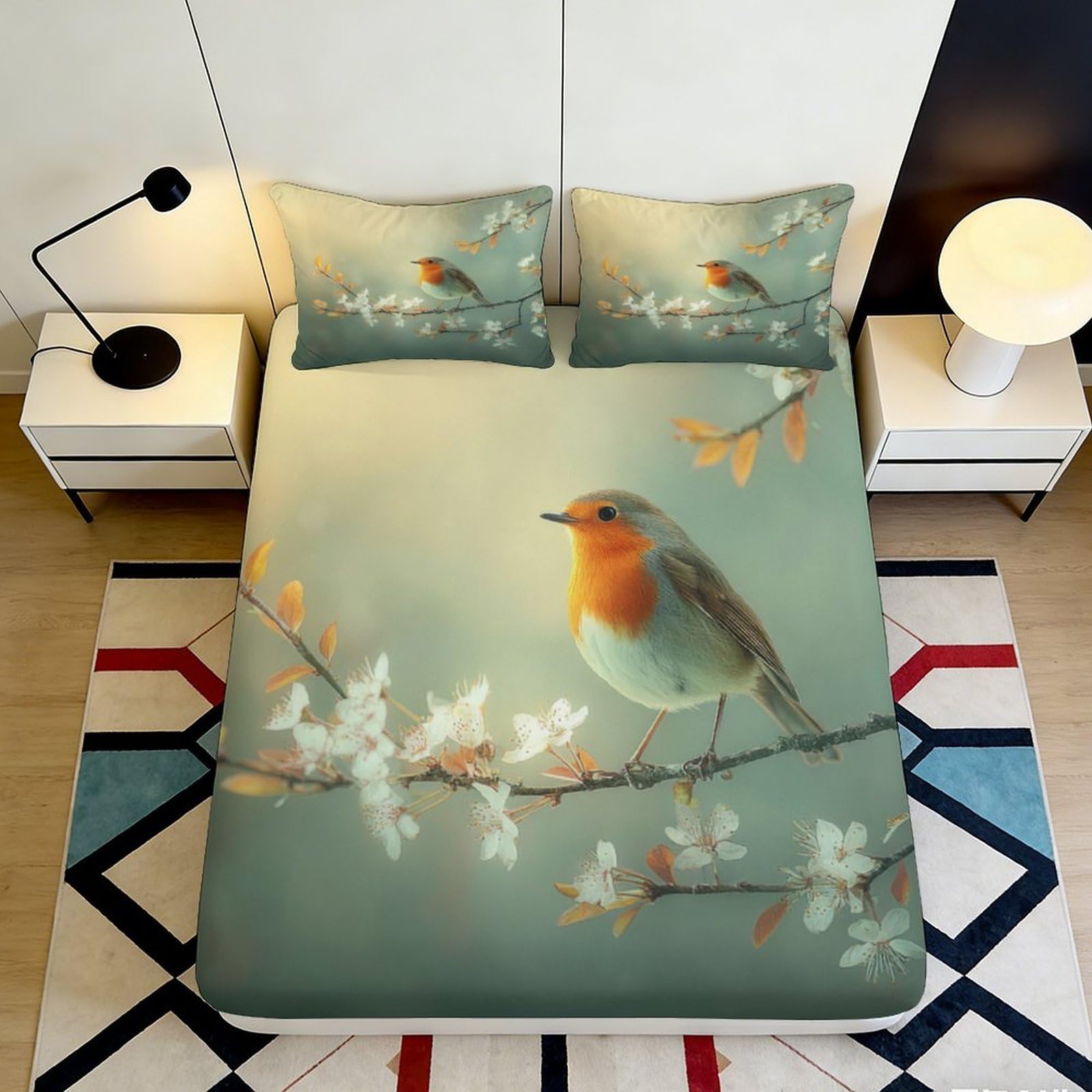 3D Printed Robin Blossom Fitted Sheet Microfiber Soft Breathable Bird Branch Mattress Cover Bedroom Decor 90x200x25cm