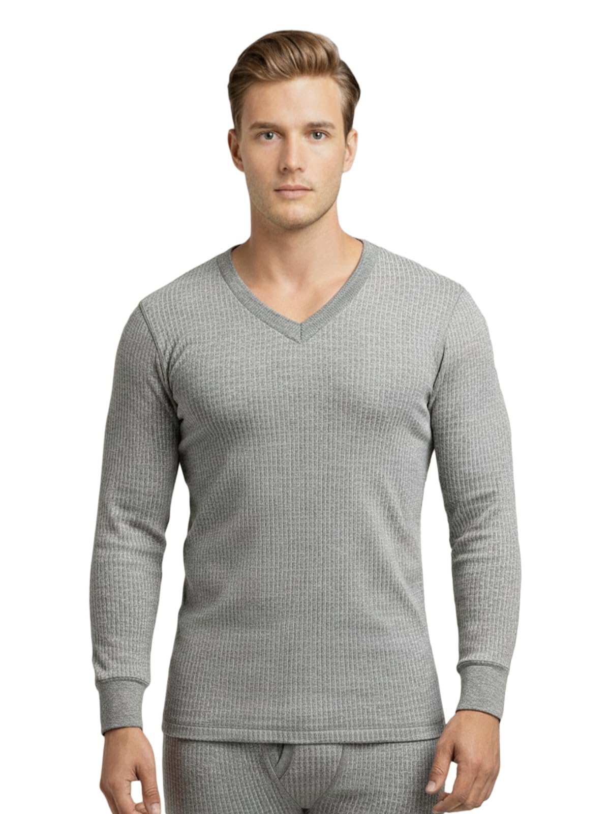 HEATEK Grey Melange V Neck Full Sleeves Thermal Top for Men |Style 777 |Ultra Soft, Extra Warm | Pack of 1