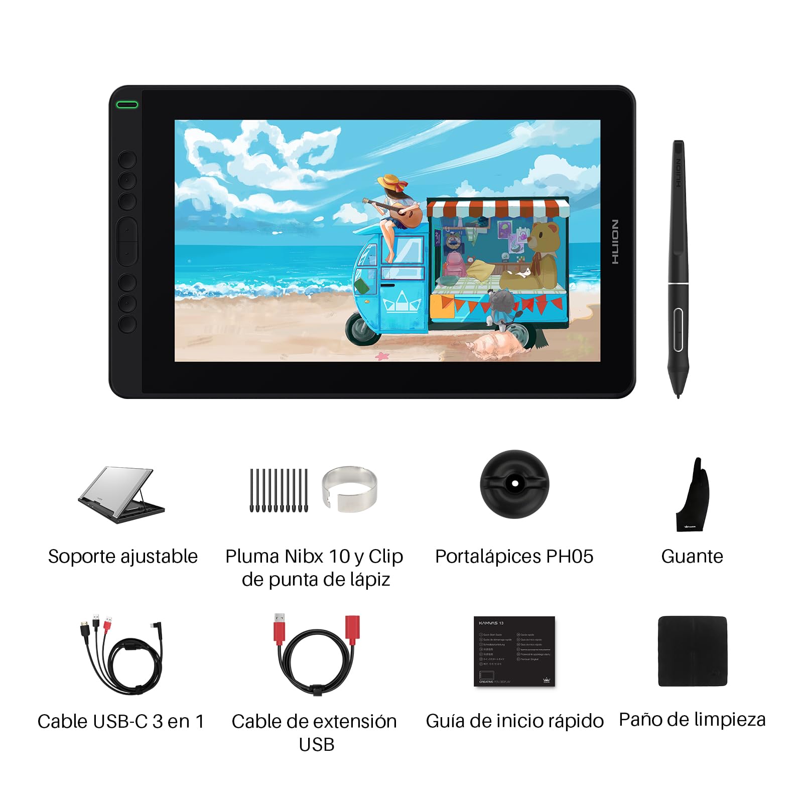 HUION Kamvas 13 Tableta Gráfica con Pantalla, Monitor de Dibujo Gráfico de 13,3 Pulgadas,120% sRGB, Lápiz PW517, con Ajustable Soporte, Ideal para Trabajar Desde Casa y Aprendizaje Remoto, Verde | PenTech4.0 16384 Pen Pressure, 5 teclas Express, Canvas Gl
