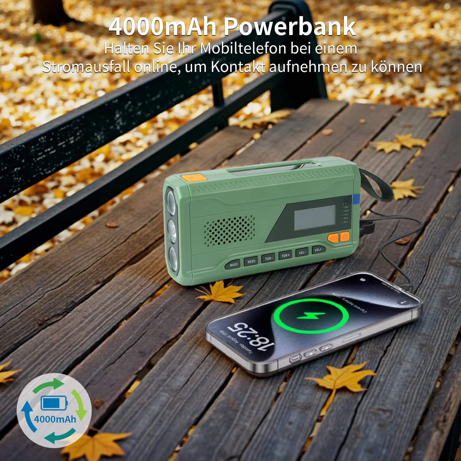 Radio d'urgence, à manivelle, FM/DAB+/DAB, portable, avec batterie externe de 4000 mAh, chargeur de téléphone, charge USB, manivelle, alarme SOS, lampe de poche 3 modes, pour extérieur, camping
