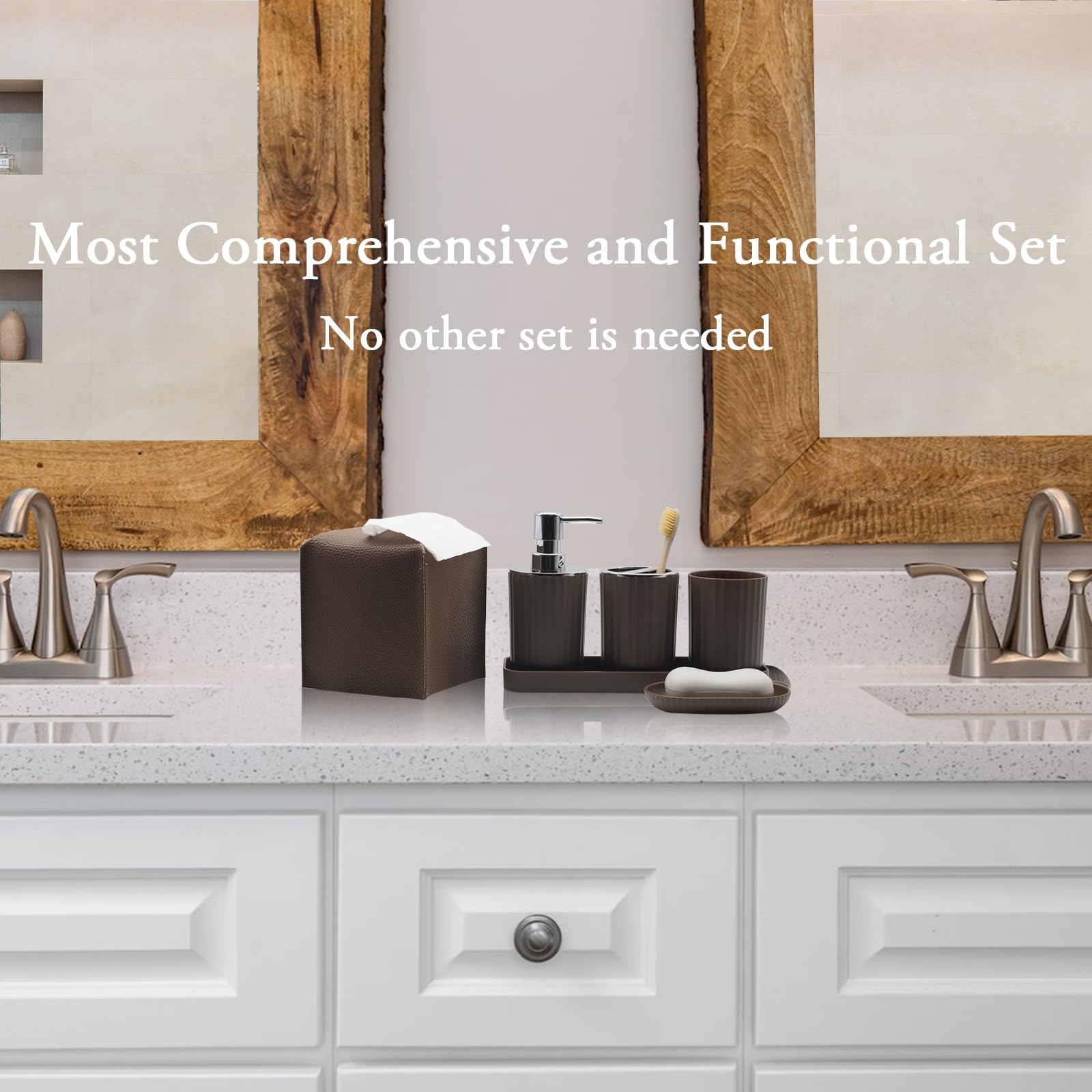 Set di accessori da bagno – Set di accessori da bagno marrone da 10 pezzi con cestino, portaspazzolino e tazza, dispenser per sapone, portasapone, portascopino WC, vassoio da toeletta, supporto Qtip