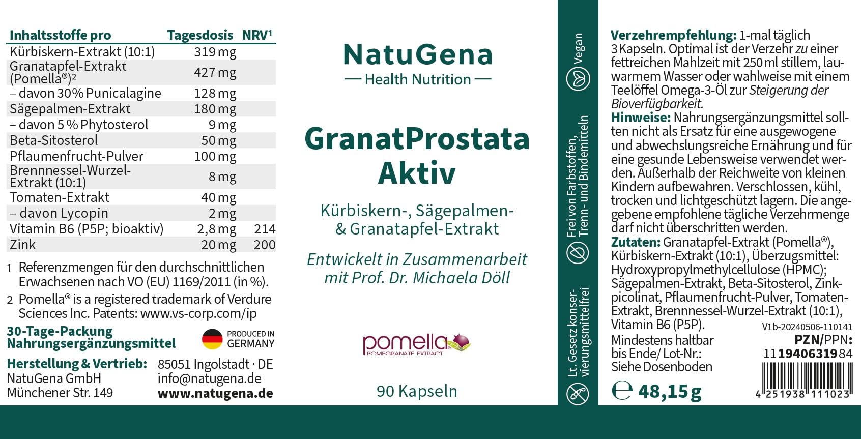 NatuGena Granat Prostata Aktiv, Kürbiskernextrakt, Granatapfelextrakt mit Beta-Sitosterol & Phytosterol, Vitamin B6, Zink, 90 Kapseln (30 Tage Packung)