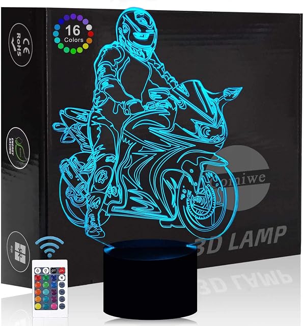 Comiwe Motorcycle 3D Illusion Night Light Toy,16 Colours Change Smart Touch & Remote Control,Home Decor LED Bedside Table Lamp,Christmas Birthday Gift for Boys Adult Friends & Family Motorbike Lovers