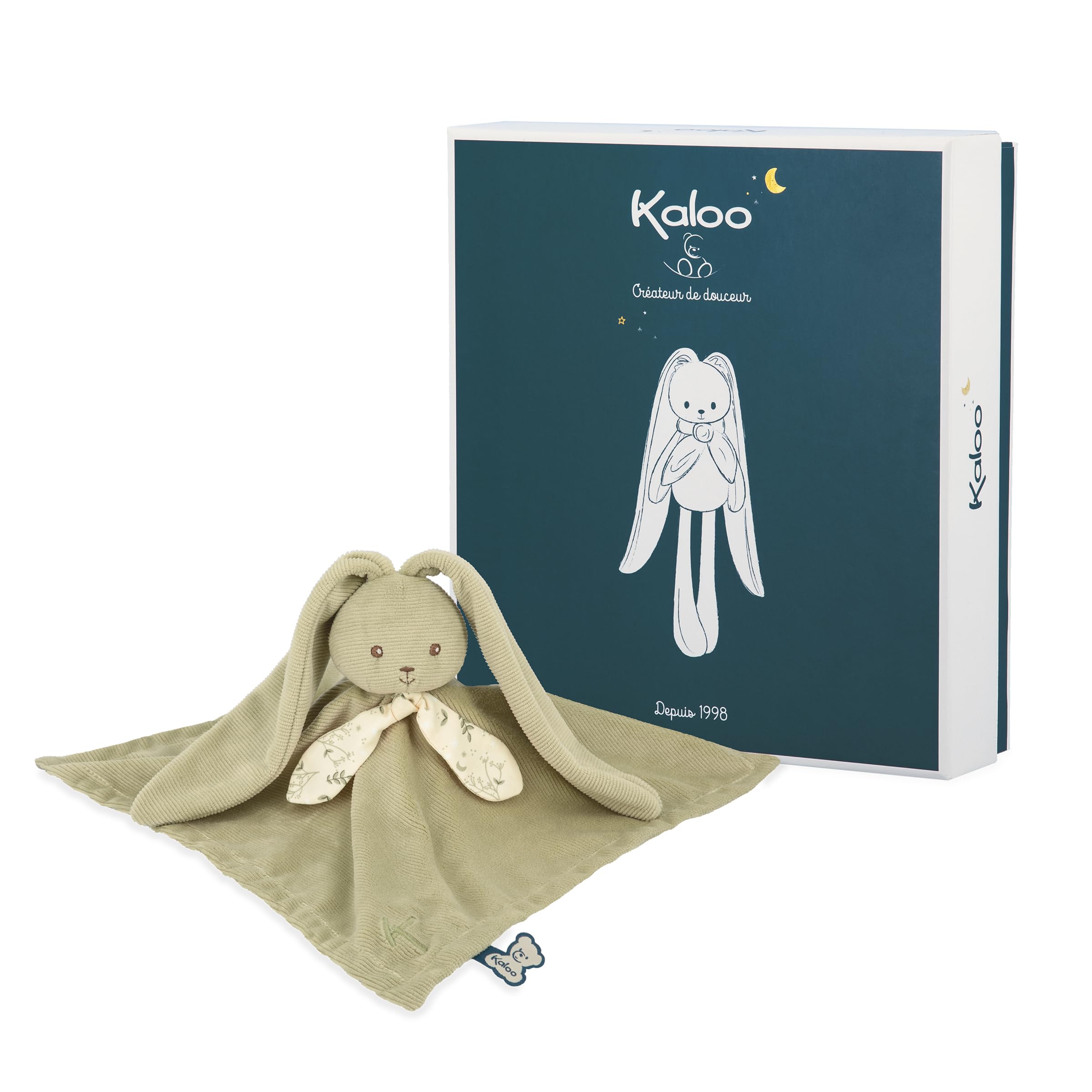 Kaloo - Lapinoo - Green Bunny Comforter - Baby Plush - Square: 30 x 30 cm - Bi-Material Ultra-Soft Viscose and Corduroy - Gift Box - 0 Months +, K218016