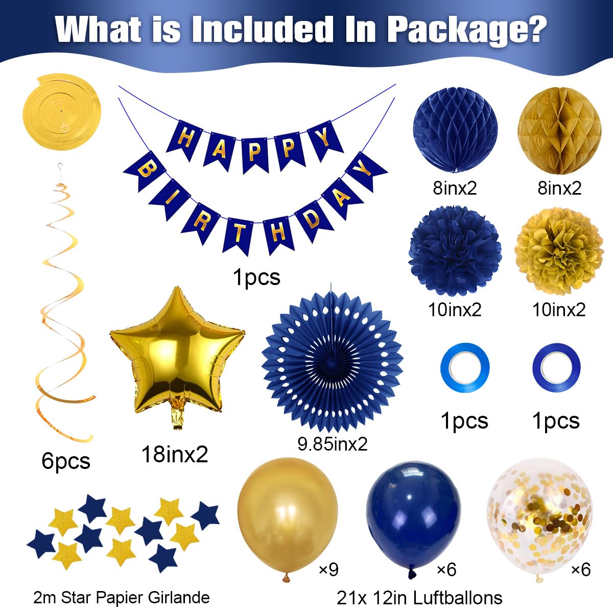 Geburtstagsdeko Set Blau-Gold – Mit Luftballons, Girlanden, Pompons Für 18.-60. Geburtstag