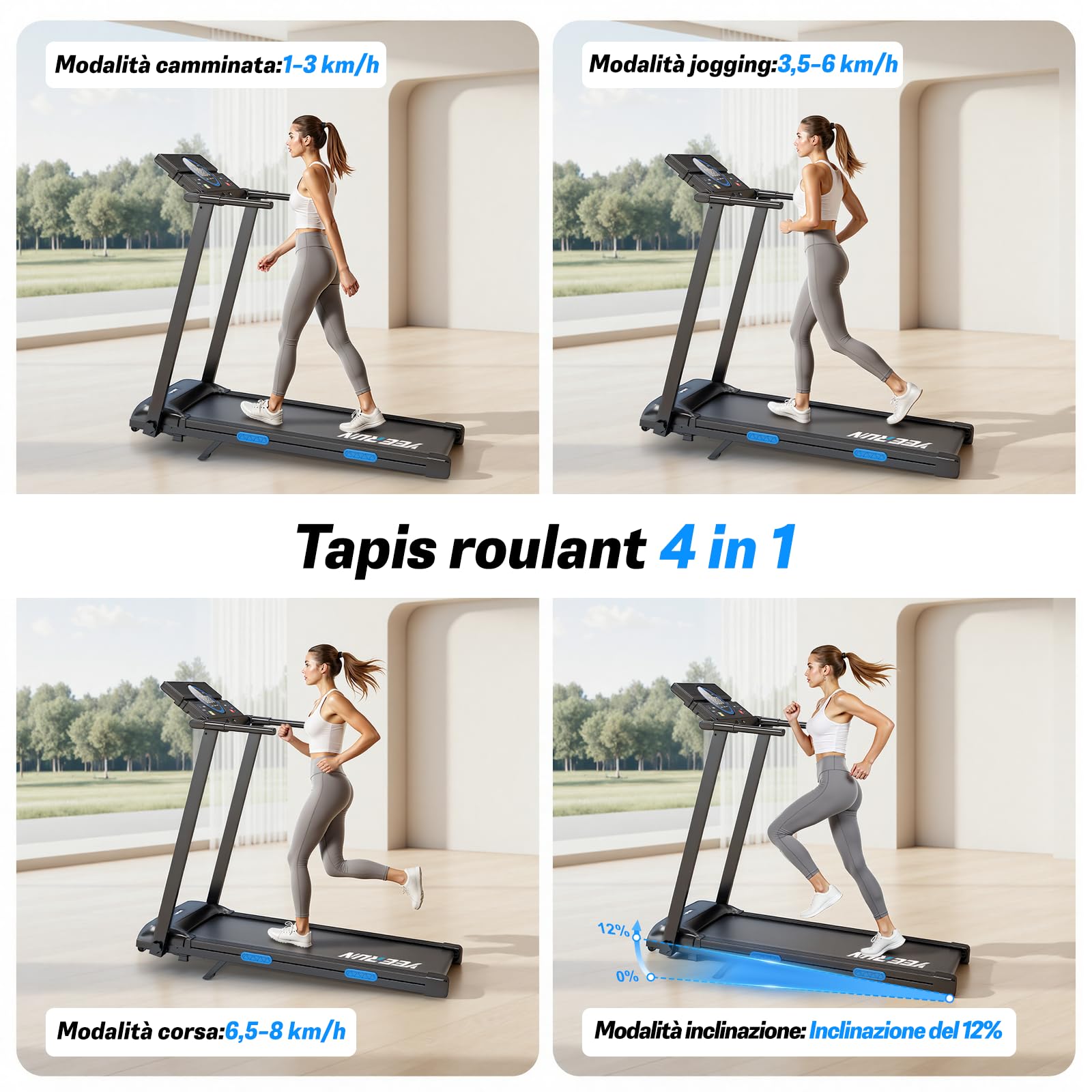 Tapis de Course Pliable 4 en 1 avec Inclinaison 12%, Moteur 2.5 HP, 1-8 km/h, écran LED
