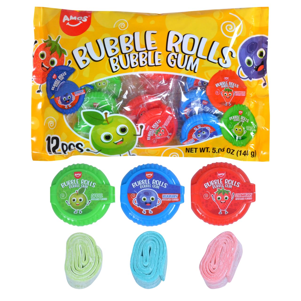 Amos Bubble Gum Tape Rolls 5.08oz - 12 Individually Wrapped Packets of Strawberry, Blueberry, and Apple Flavors Chewing Gum