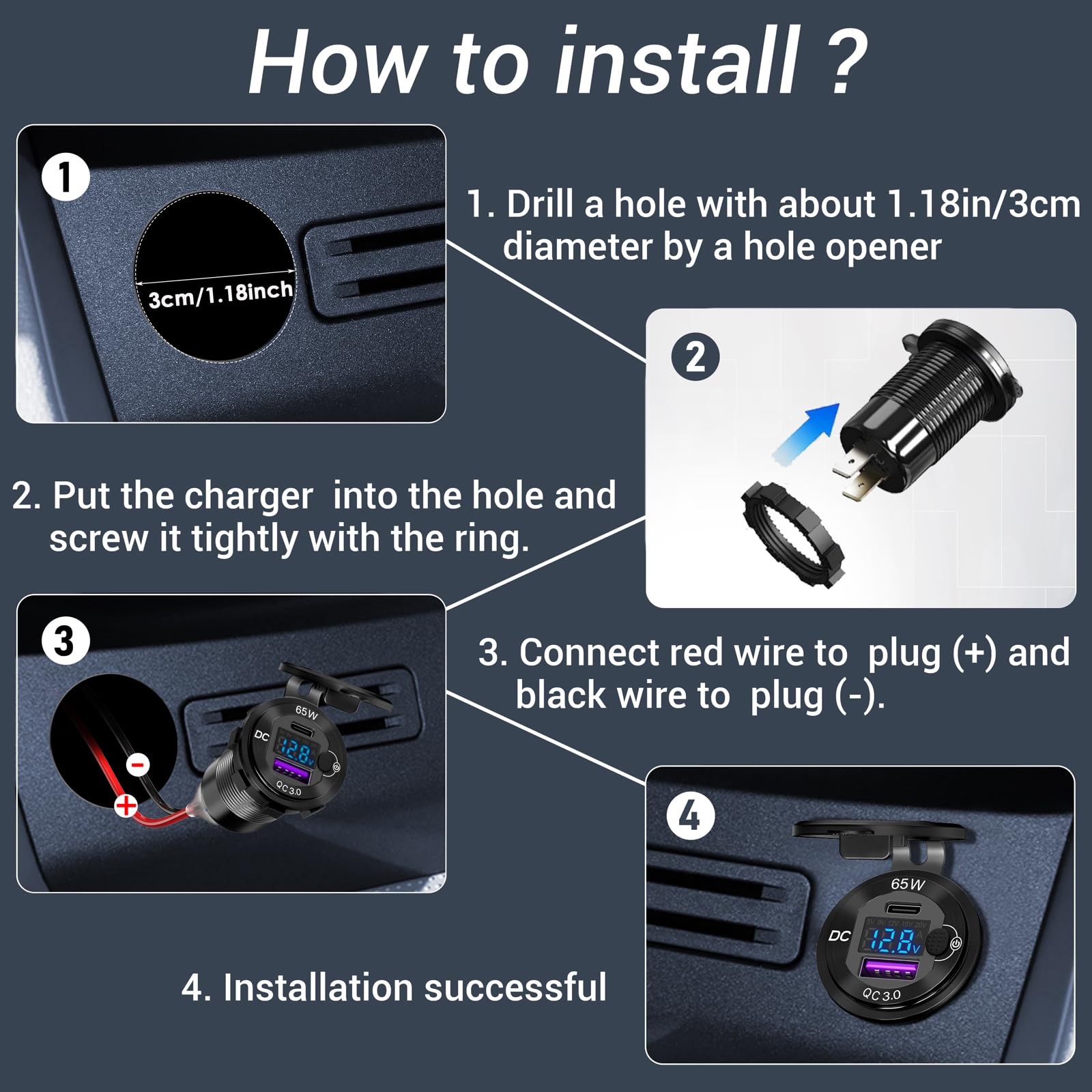 Cargador de Coche USB C Integrado de 83 W y 12 voltios: Ouffun 65 W PD3.0 y 18 W QC3.0 con Puerto USB para Coche, Enchufe de Aluminio con Interruptor de botón, voltímetro Inteligente, Adecuado para