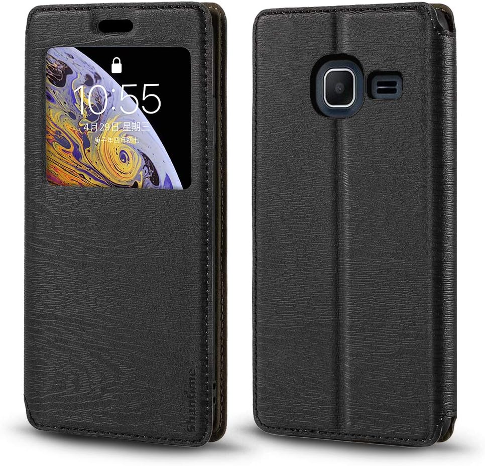 Viewable Window Leather Flip Case Compatible with Samsung Galaxy J1 Mini 2016, Elegant Design Clear Display Invisible Magnetic Cover and Card Slot(Black)