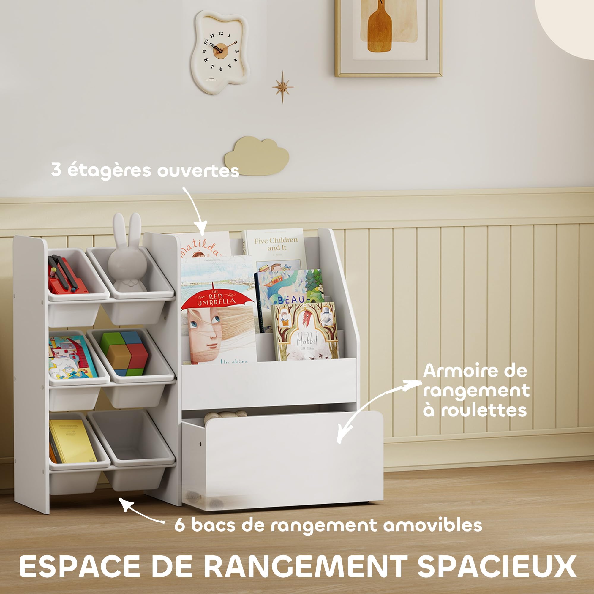 AIYAPLAY Meuble Rangement Enfant, Rangement Jouet Enfant, 6 bacs Amovibles et Grand Coffre à roulettes, bibliothèque à 3 Niveaux pour Chambre ou Salle de Jeux, Blanc