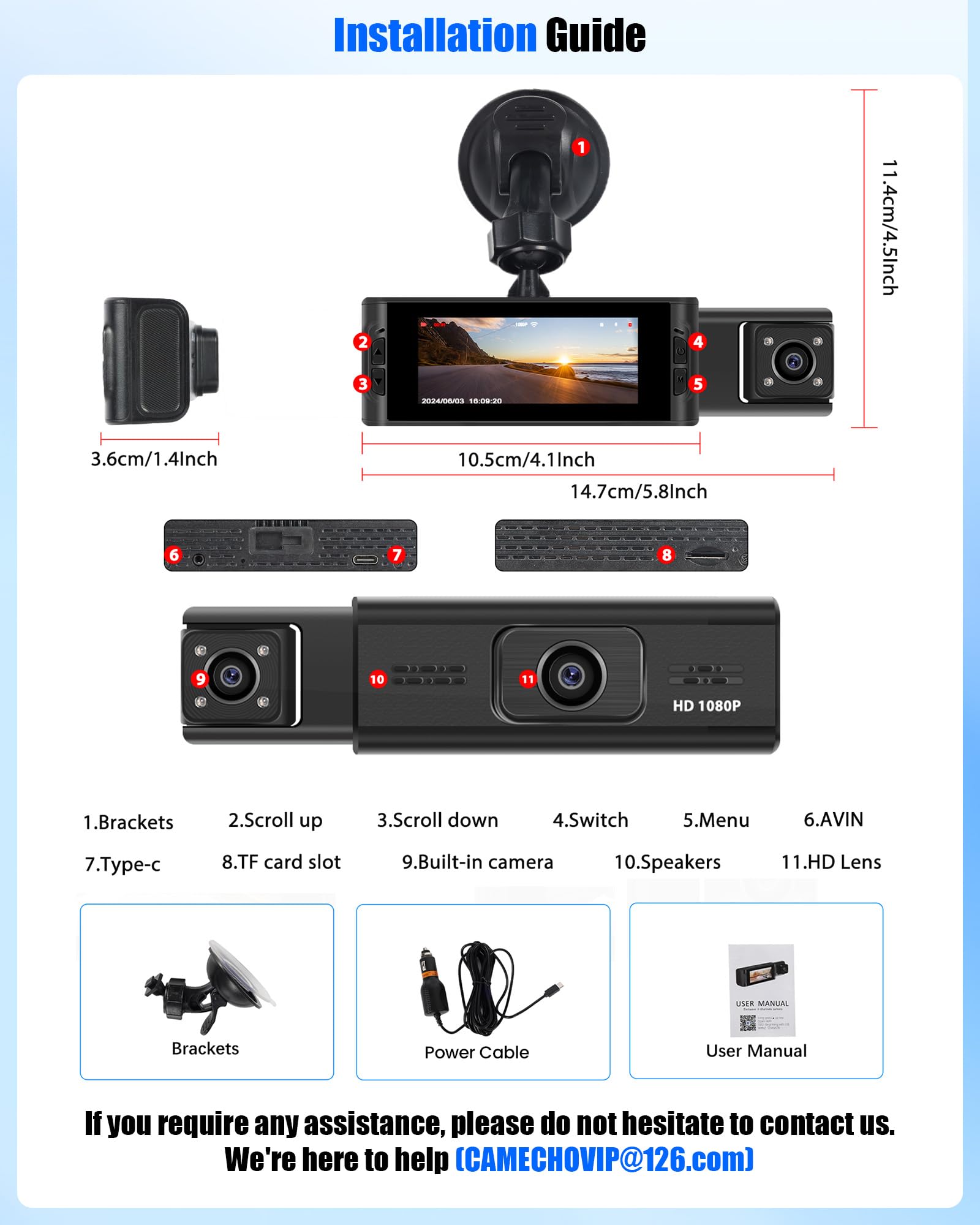 CAMECHO Vision Nocturne Dashcam 1080P kamera samochodowa przód i tył z WiFi 3,16-calowy ekran 2-kanałowa dashcam z nagrywaniem w pętli wykrywaniem ruchu