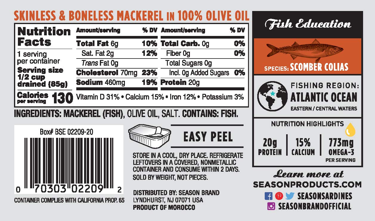 Season Mackerel in Olive Oil - Skinless & Boneless, Wild Caught, Keto Snacks, Canned Mackerel Fillets, Full of Vitamins, Low in Mercury, Kosher, Non-GMO, 20g of Protein - 4.37 Oz, 12-Pack