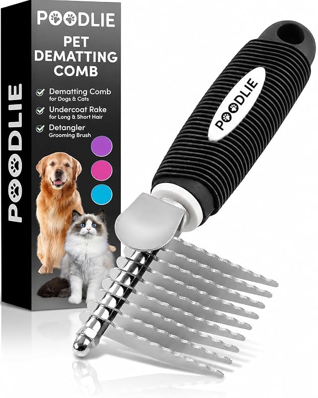 Pente desembaraçador para cães e gatos com lâminas de aço inoxidável POODLIE, Preto