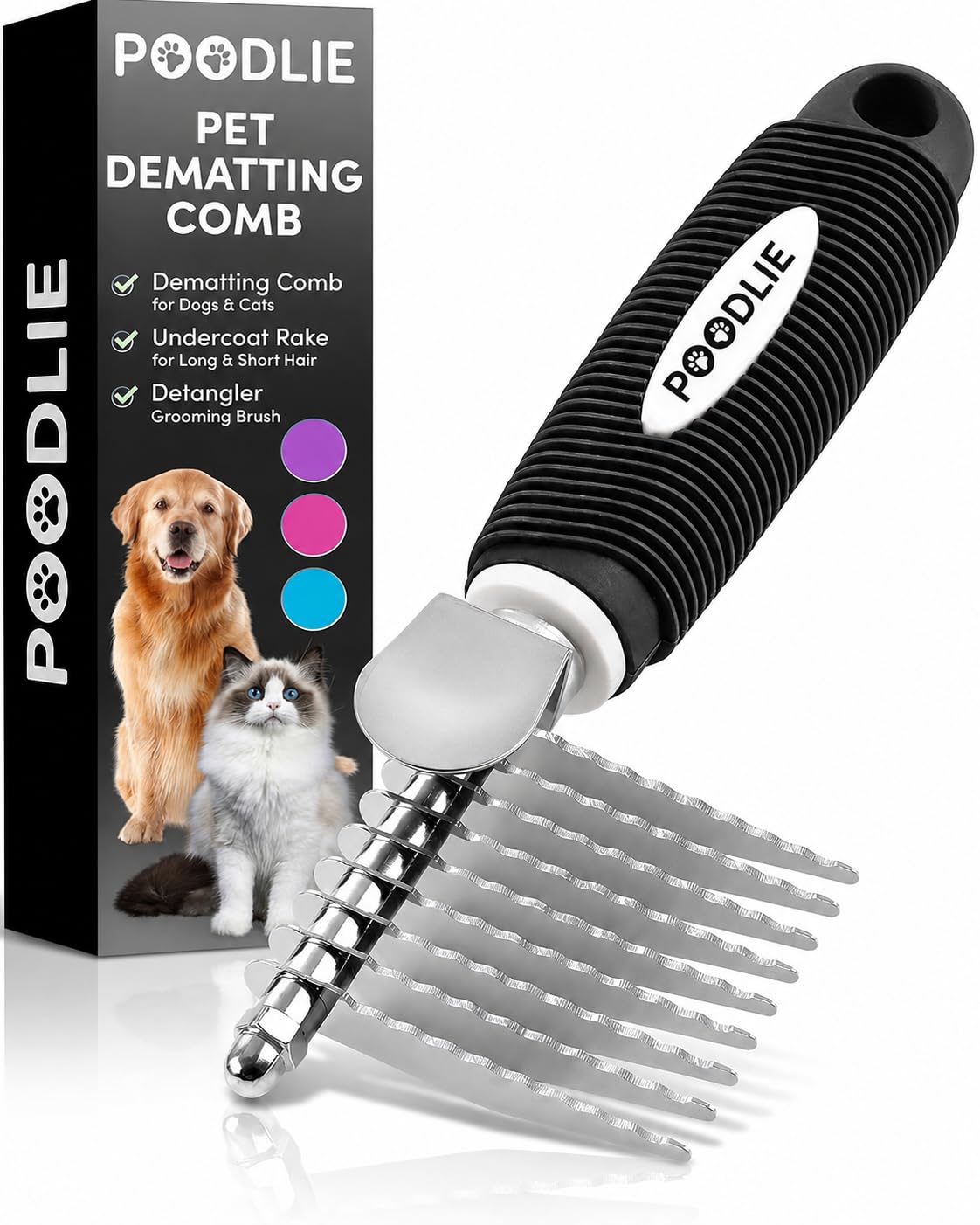 Pettine per cani e gatti, con lame di sicurezza lunghe in acciaio da 6,3 cm, per districare i peli opachi o annodati del sottopelo (nero, pettine per smorzare)