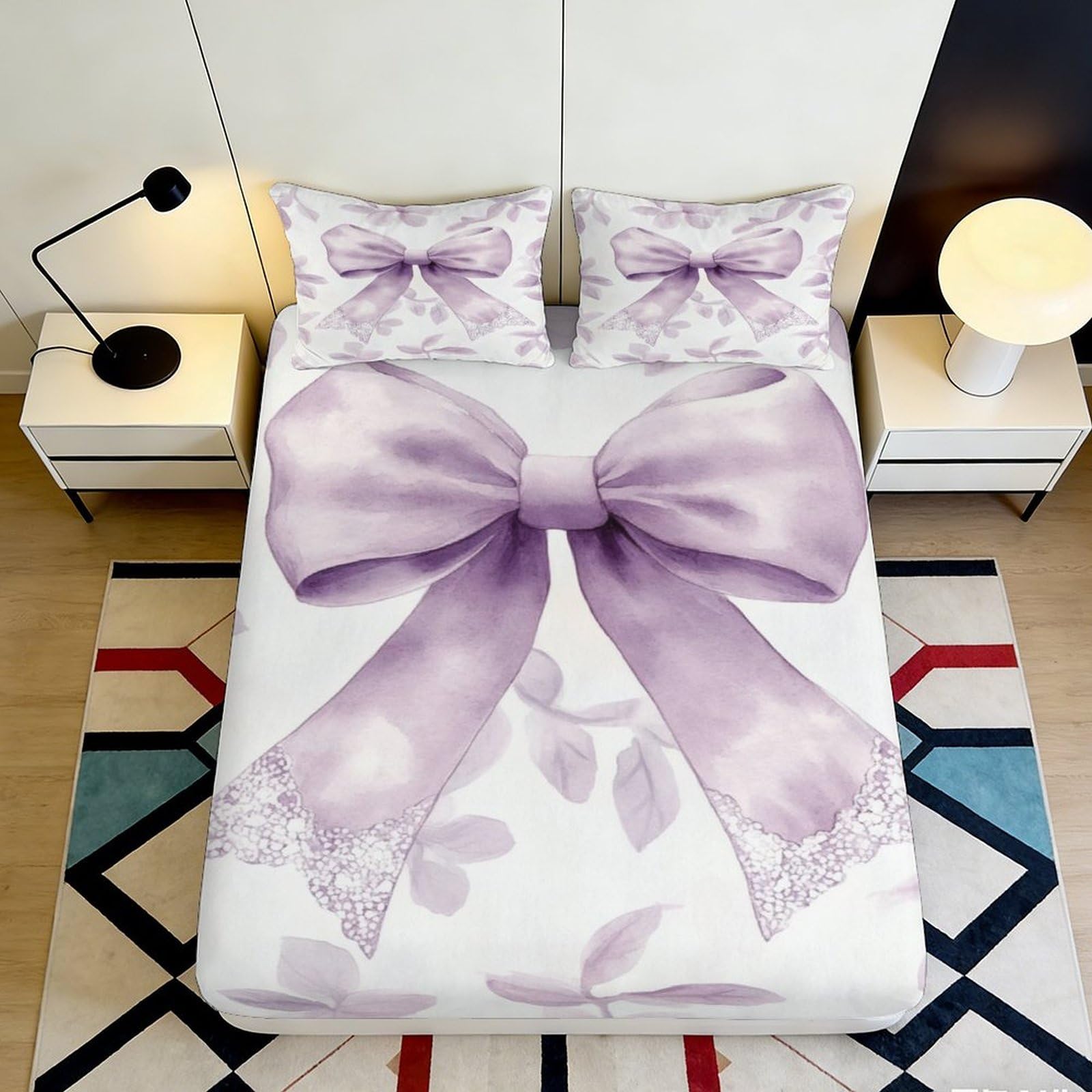 3D Printed Purple Bow Fitted Sheet Microfiber Soft Anti-Slip Decorative Lavender Ribbon Bed Cover for Bedroom Guestroom 90x200x25cm