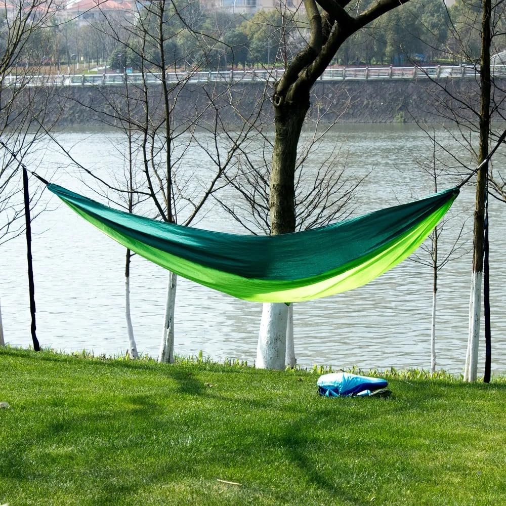 hamaki podróżne Przenośny nylonowy materiał spadochronowy o pojedynczym i podwójnym rozmiarze Outdoor Camping Piesze wycieczki Hamak ogrodowy(Double brown green 2)