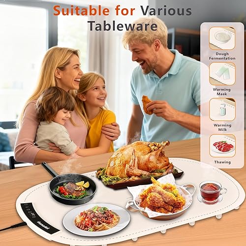 Miniatura 5 de Tapete de calentamiento eléctrico para alimentos, bandeja de calentamiento de 23 x 16 pulgadas con 7 temperaturas ajustables, calentamiento rápido