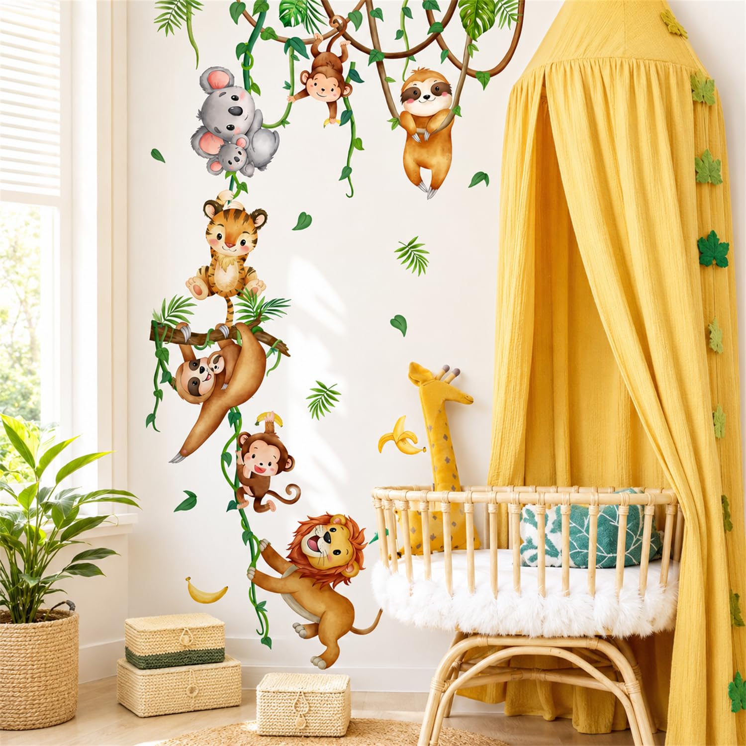Jungle Animal Wall Stickers for Nursery, Peel and Stick Vine Vinyl Decals with Koala Sloth Monkeys Lion and Giraffe, Kids Bedroom Playroom Wall Decor in Gift Box