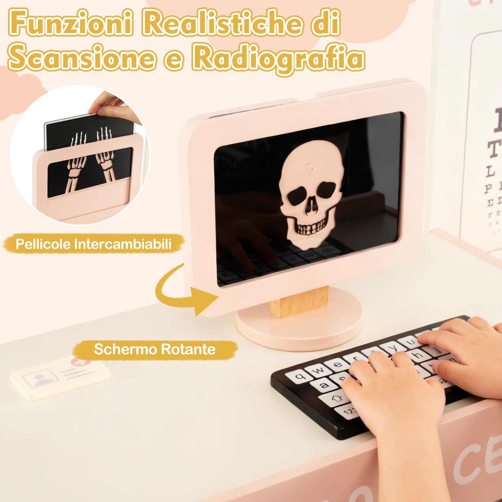 RELAX4LIFE Medico Giocattolo per Bambini, Gioco Dottore in Legno con Esame della Vista, Macchinario CT Ggiocattolo e Radiografia, Set Gioco di Ruolo Educativo per Bambini 3+ Anni (Rosa)