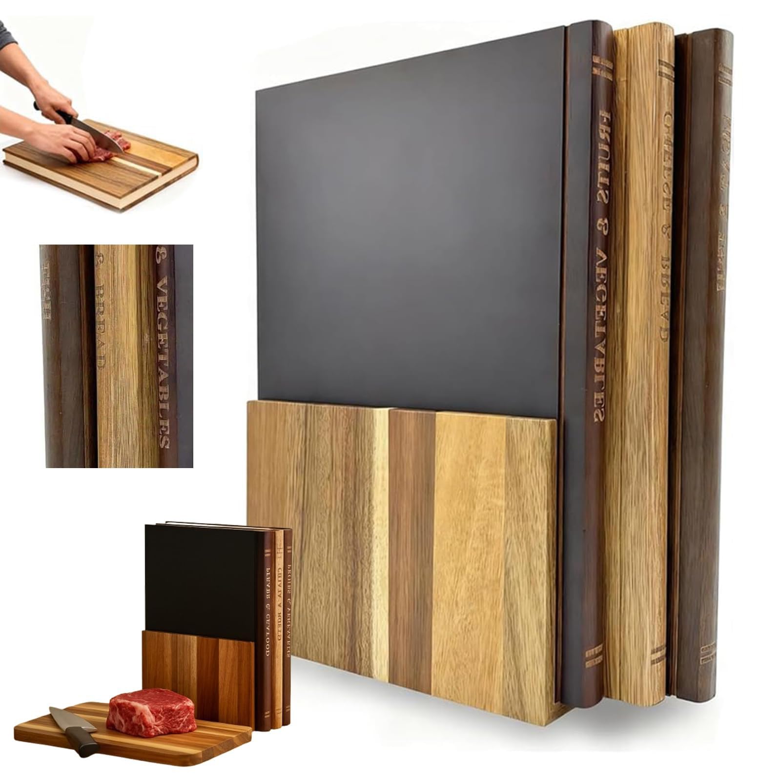 3 Pcs Cutting Board Set with Stand, Solid Wood Cuttings Boards for Fruits, Space Saving Vegetables, Meat, Fish, Cheese and Bread for Kitchen for the Books Loving Chef