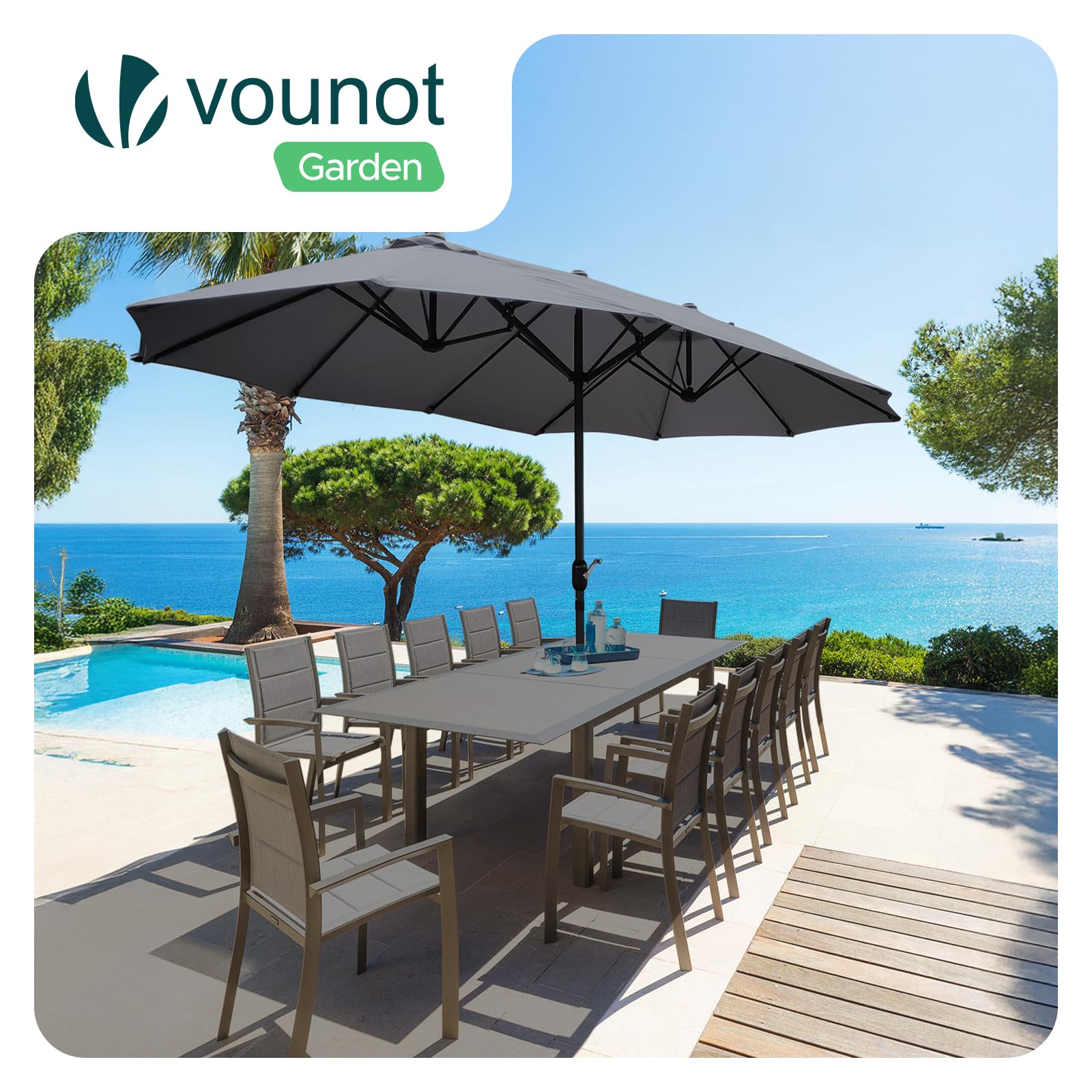 VOUNOT Doppelsonnenschirm mit Handkurbel, Sonnenschirm Marktschirm Gartenschirm Terrassenschirm, Sonnenschutz, 460 x 270 cm, Grau