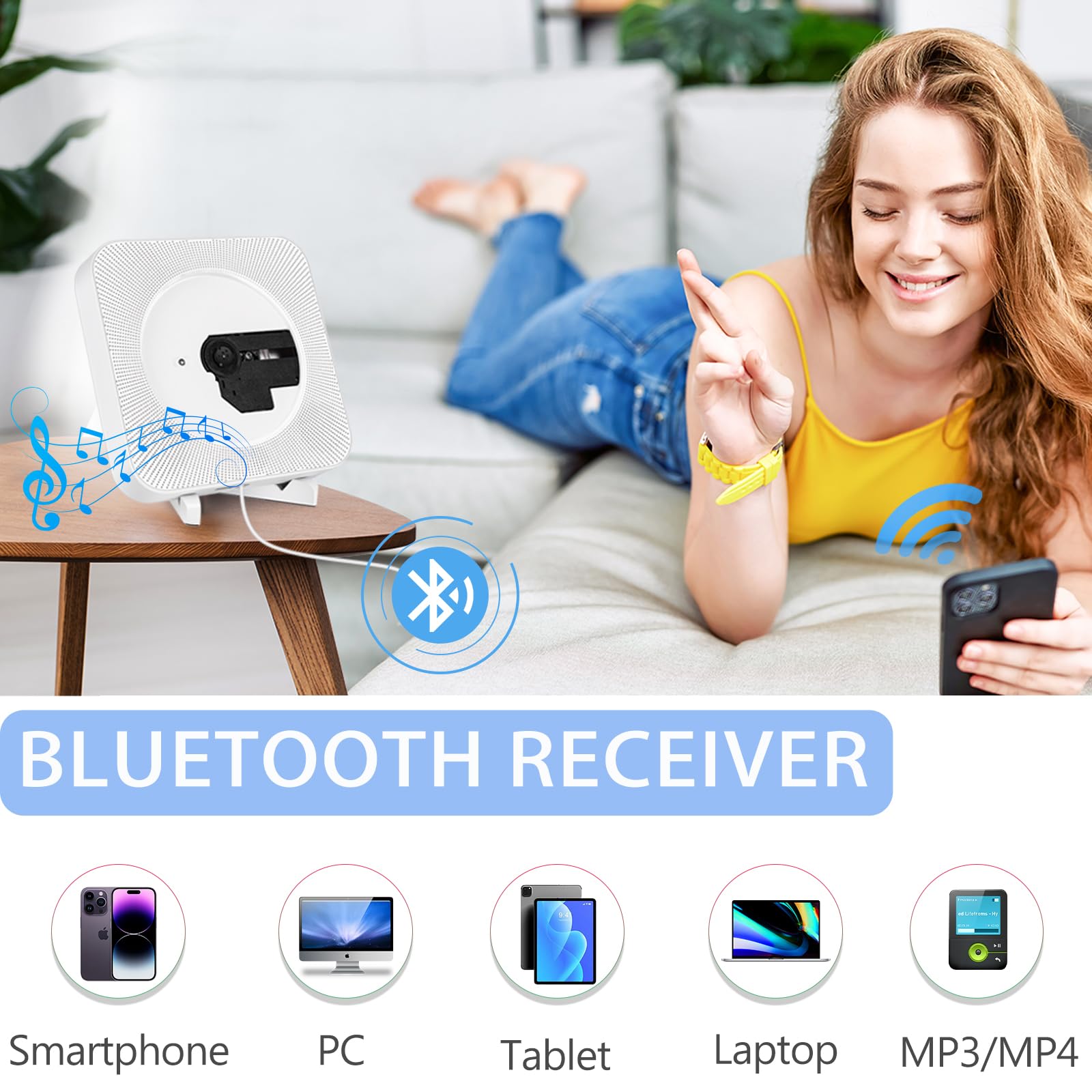 Odtwarzacz CD Bluetooth z Głośnikiem Hi-Fi, Naścienny Odtwarzacz CD do Domu, FM/USB/Wejście Słuchawkowe AUX,CD-Player z Pilotem Zdalnego Sterowania