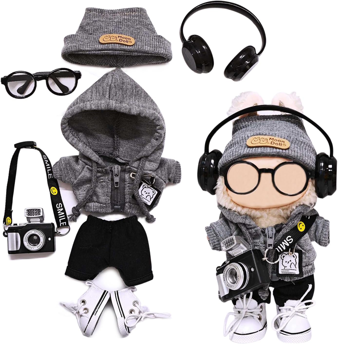 7pcs Outfit for Labubu 17cm Doll Cloth Set LBB Clothing and Accessories Hoodie Pants Shoes Hat Glasses Camera Headphone (No Doll)