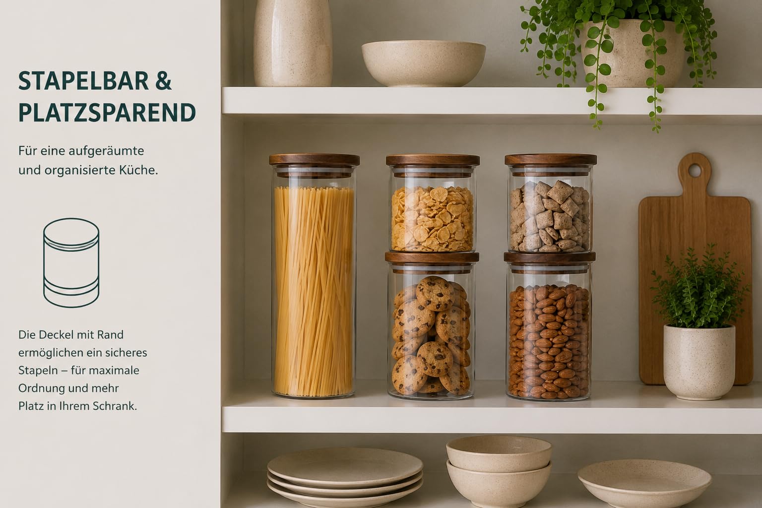 QuaLife Set di 5 barattoli da 1800/1000/600 ml, in vetro borosilicato con coperchio in legno di acacia, ermetici e impilabili, contenitori rotondi in vetro per cucina e conservazione degli alimenti