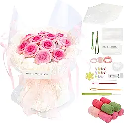 Kit de crochê para buquê de flores de rosa, kit de crochê para iniciantes, kit inicial de tricô de tulipa rosa simulação, buquê de malha artesanal, flores de cor brilhante, kits de artesanato DIY para