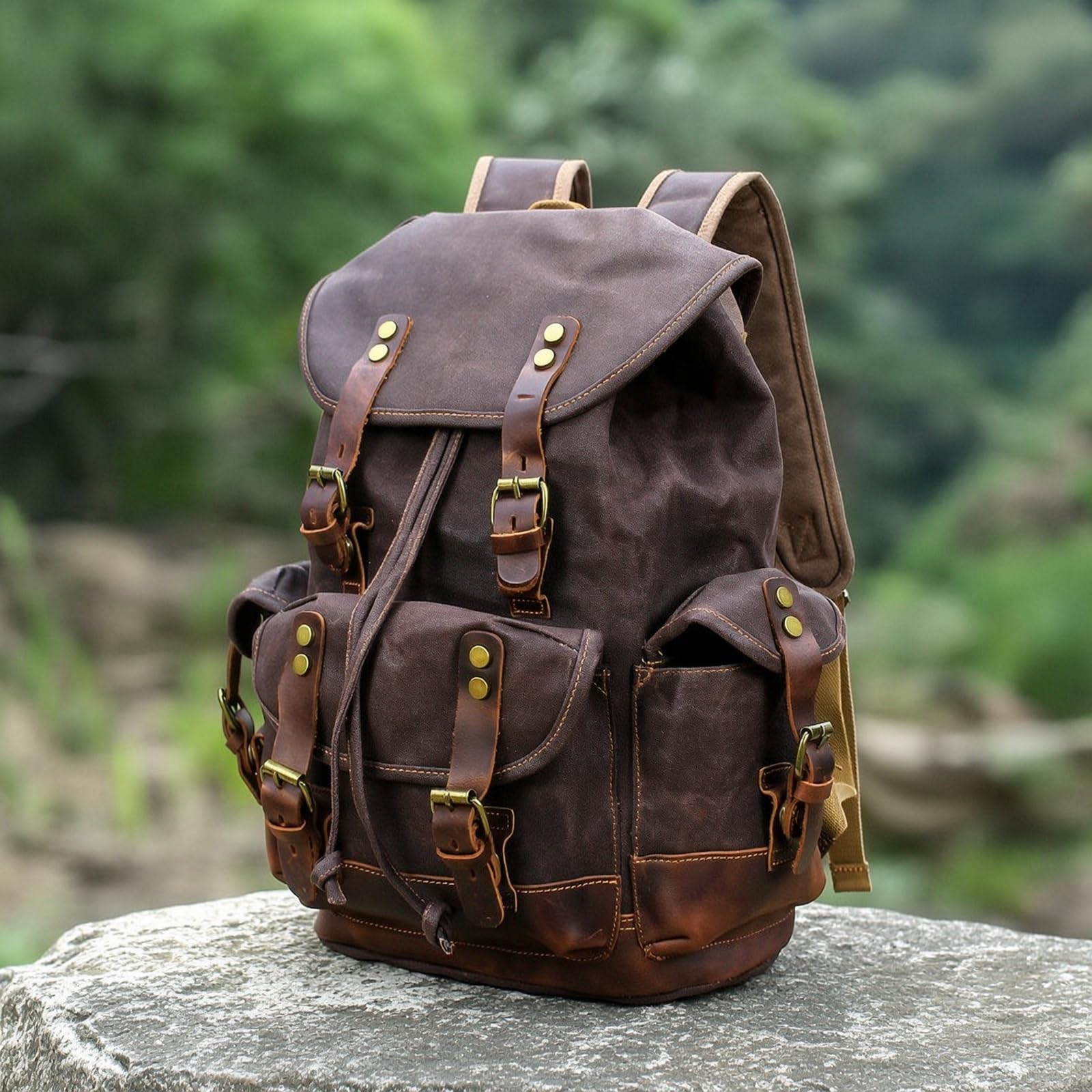 Zaino in Tela Cerata Impermeabile Zaino con Finiture in Pelle Durevole Borsa per Università, Array, color to 2