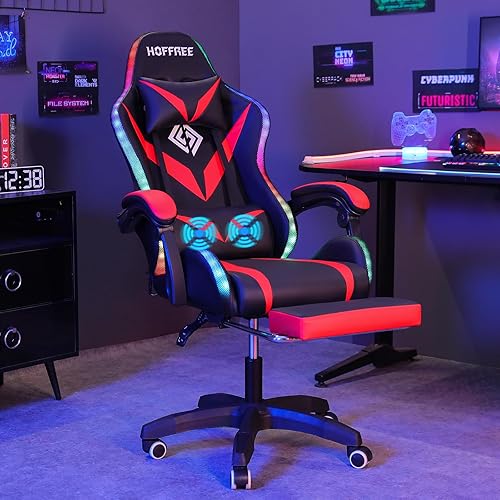 HOFFREE - Silla para juegos con luces LED RGB, silla ergonómica de masaje para videojuegos con reposapiés, respaldo alto reclinable, silla de