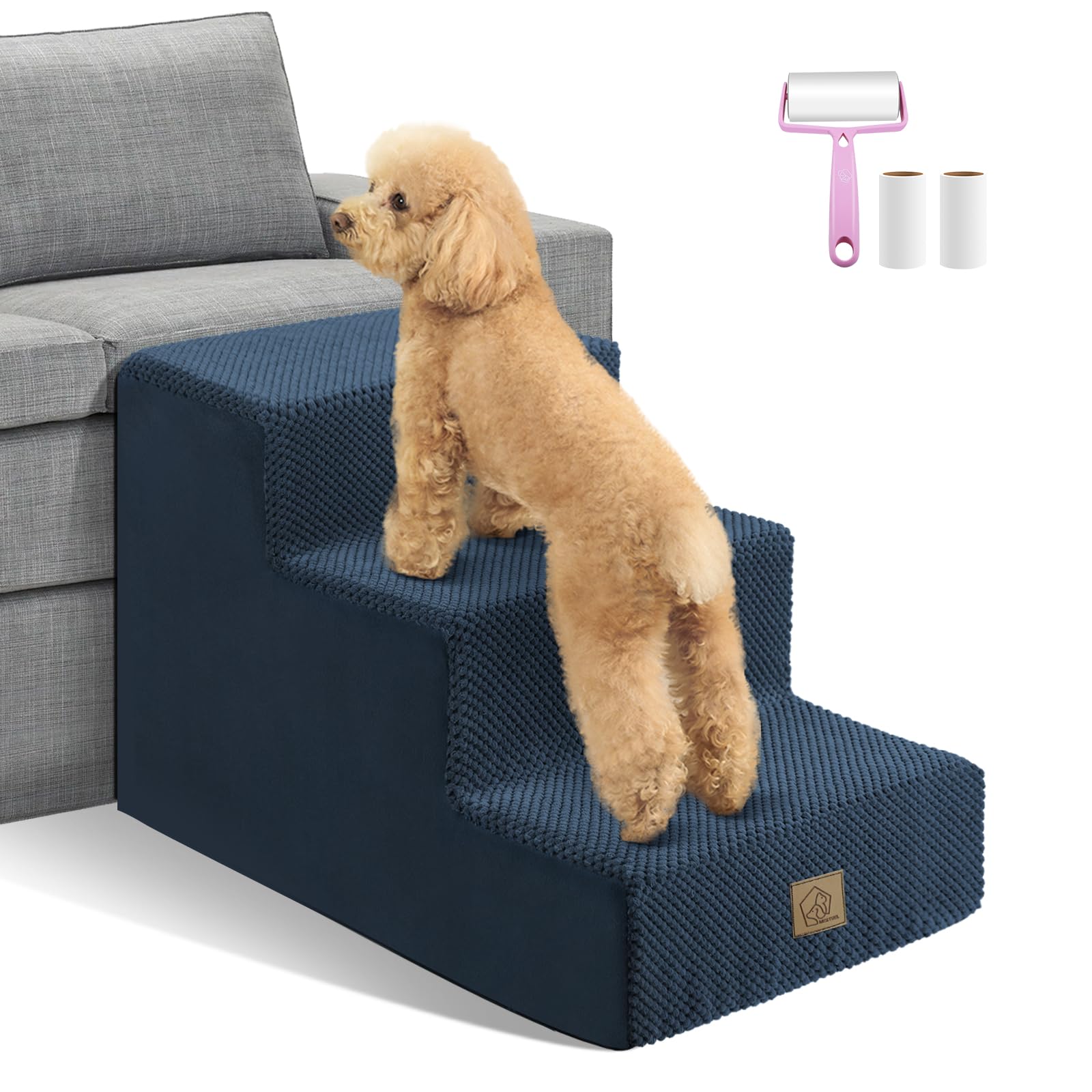 Foam Dog Stairs Steps for Couch Bed Sofa, 15.7in Dog Stairs Ramp for Small Dogs, Pet Stairs Ladder with Nonslip Bottom & High Density Foam, Hold Up to 60 lbs, Lint Roller Set, Blue