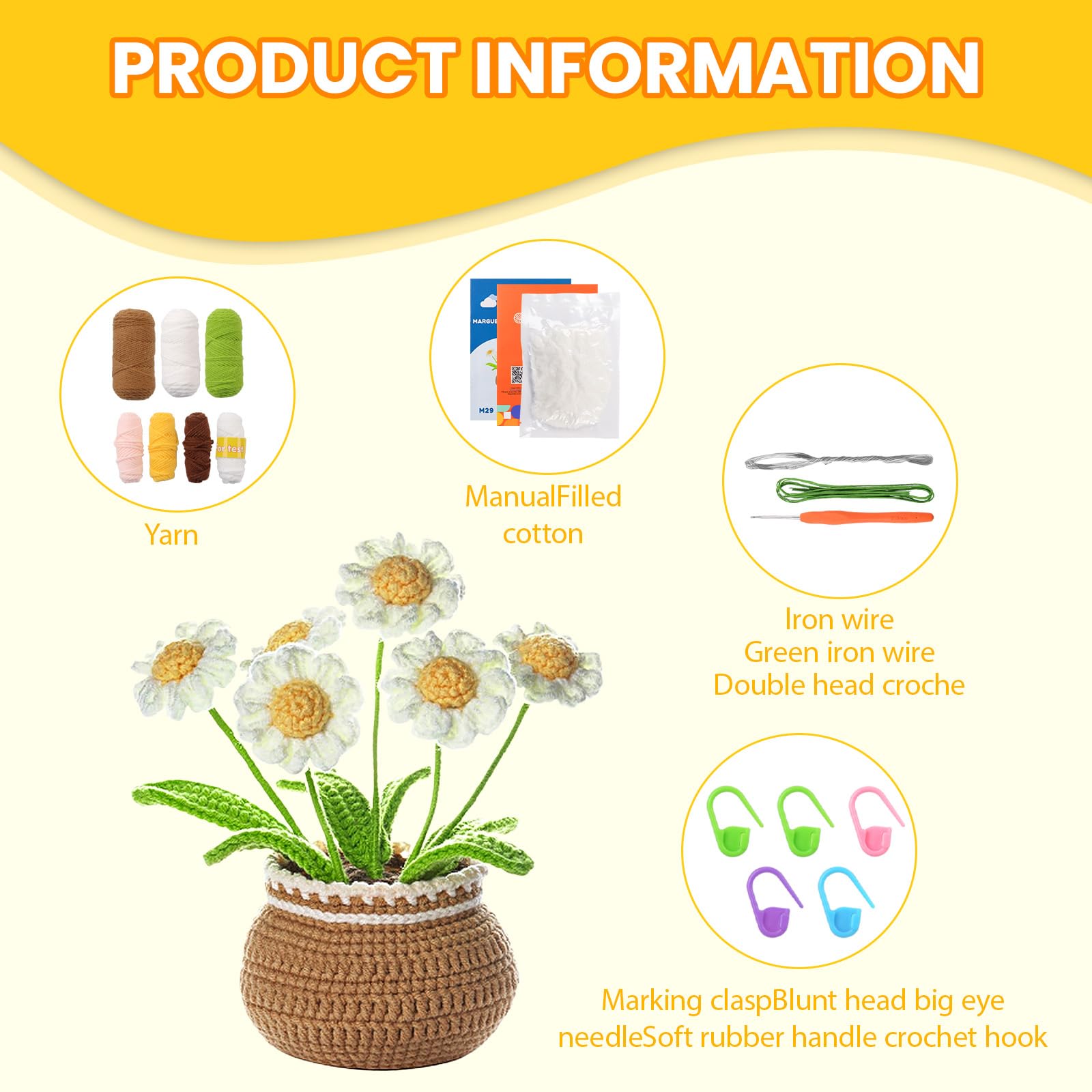 Oududianzi Kit de crochet pour débutants, 4 pièces de la série de fleurs mignonnes - Marguerite, kit de plantes au crochet pour débutants pour adultes et enfants avec tutoriels d'instructions étape