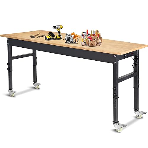 60" Adjustable Work Bench, Rubber Wood Top Heavy-Duty Workbench with Power Outlet with Wheels, 2000 LBS Load Capacity Hardwood Worktable, for Garage, Workshop, Home, Office, Easy Assembly