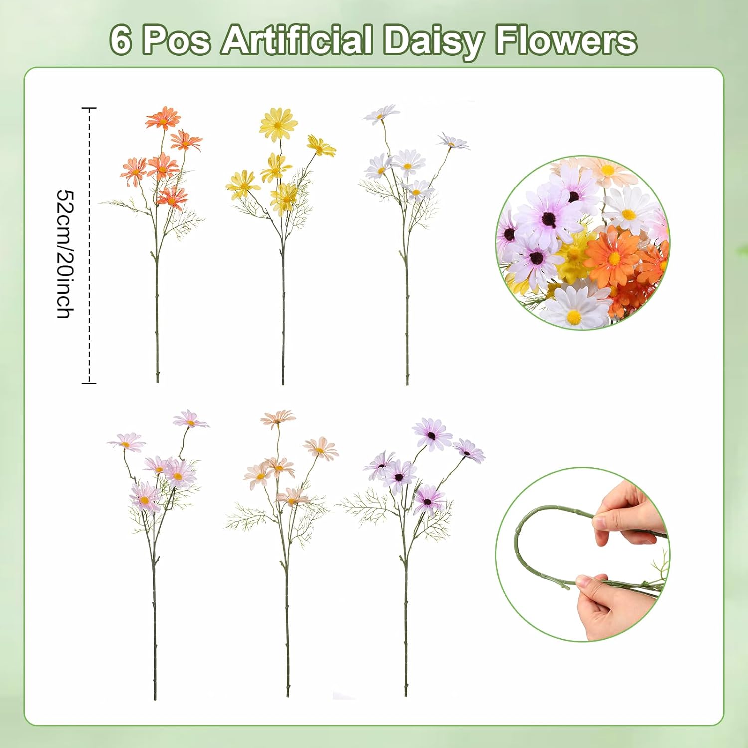 6 Pcs Artificial Daisy Flowers 20'' Faux Silk Daisy Flowers with Stems Colorful Fake Decoration for Home Wedding Decoration Summer Spring Floral Arrangement Table Centerpiece Vase Bouquet - Image 2
