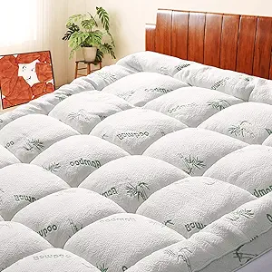 Mattress Topper Full Size, Cooling Extra Thick Breathable Viscose Made from Bamboo Mattress pad, Soft Quilted Fitted Mattress Cover with 1000 GSM Down Alternative Fill (8-21”Deep Pocket)