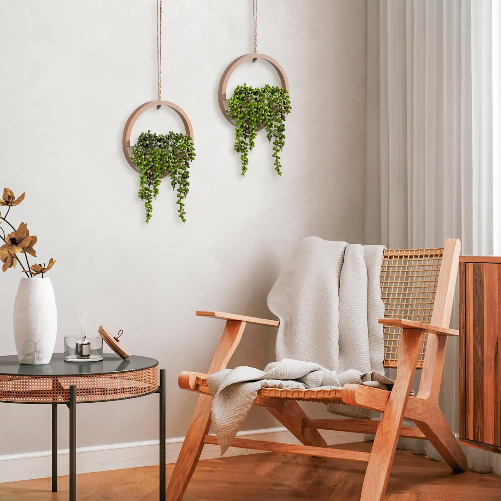 Plante succulente Artificielle à Suspendre - 30,5 cm - dans Un Pot en Bois - Décoration Murale intérieure et extérieure (Bois, 2 pièces)
